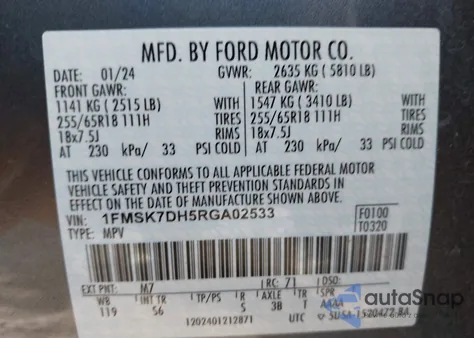 2024 Ford Explorer Xlt из США, поврежденный, VIN 1FMSK7DH5RGA02533